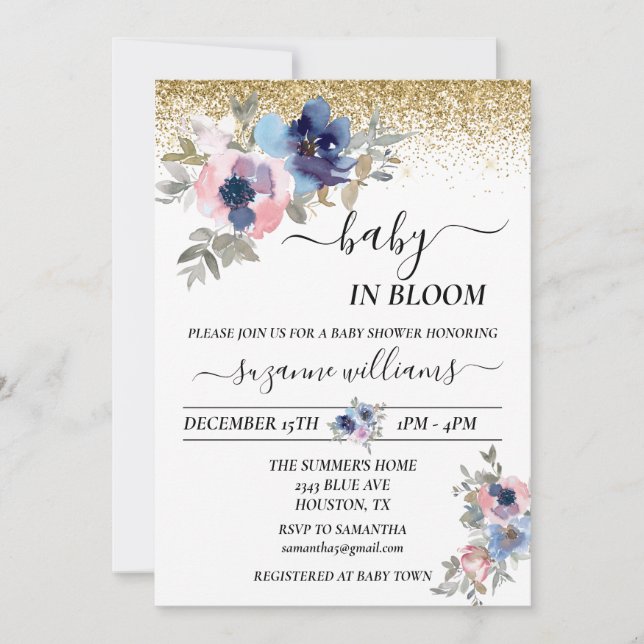 Baby i Bloom Rosa Blue Handskriftlig Guld Confetti Inbjudningar (Framsida)