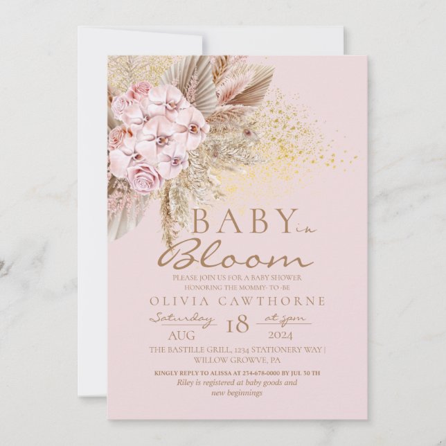 Baby i Bloom  Rosa Boho Baby Shower Inbjudningar (Framsida)