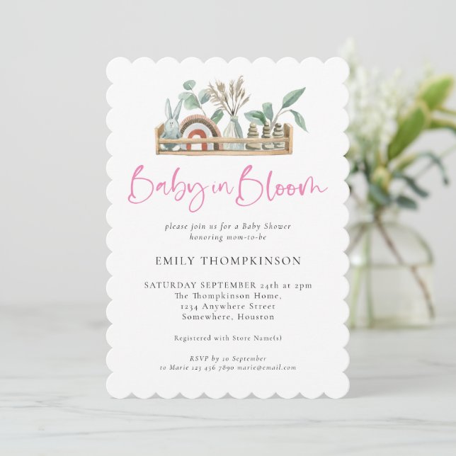 Baby i Bloom Rosa Boho Girl Shower-inbjudan Inbjudningar (Stående Fram)