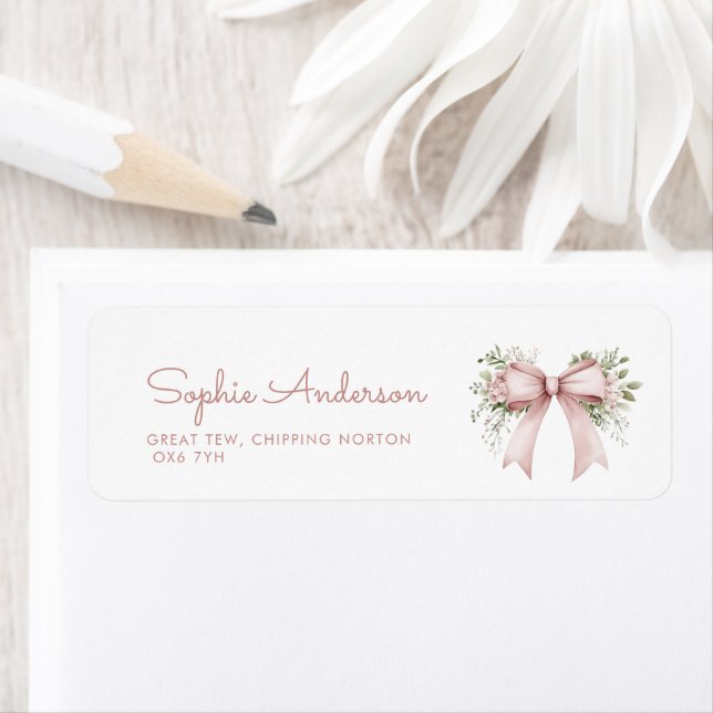 Baby i Bloom Rosa Bow Baby Shower Adress Returadress Etikett (Insitu)
