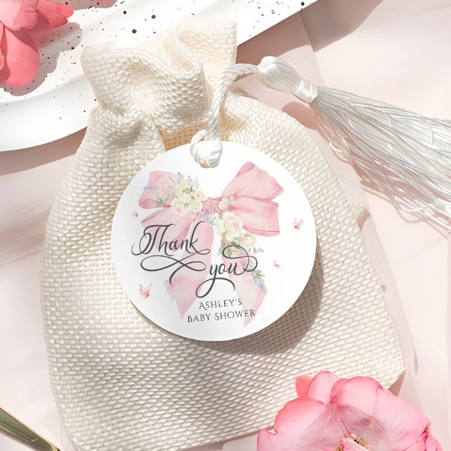 Baby i Bloom Rosa Bow Baby Shower Tack Gåvor Etiketter (Skapare uppladdad)