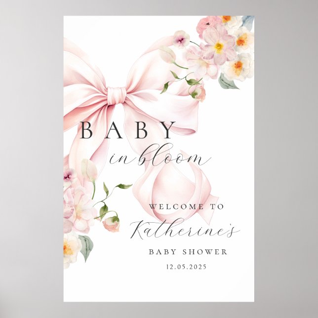 Baby i Bloom Rosa Bow Baby Shower Välkommen Poster (Framsidan)