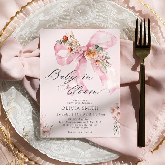 Baby i Bloom Rosa Bow Blommigt Baby Shower Inbjudningar (Skapare uppladdad)
