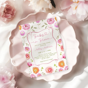 Baby i Bloom Rosa Bow Blommigt Baby Shower Inbjudningar