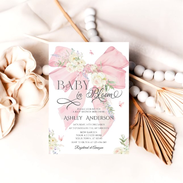 Baby i Bloom Rosa Bow & Blommigt Baby Shower Inbjudningar (Skapare uppladdad)