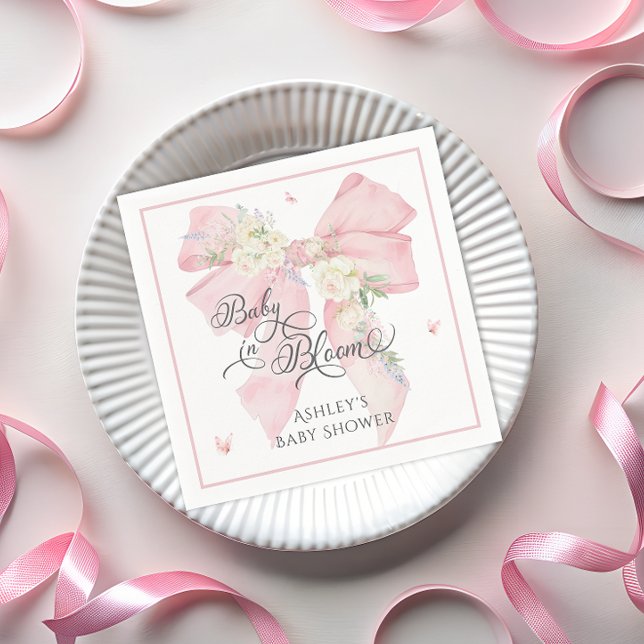 Baby i Bloom Rosa Bow Blommigt Baby Shower Pappersservett (Skapare uppladdad)