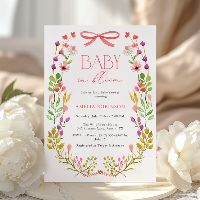 Baby i Bloom Rosa Bow Blommigt Garden Baby Shower Inbjudningar (Skapare uppladdad)