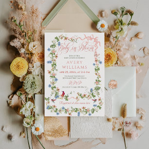 Baby i Bloom Rosa Bow Blommigt Girl Baby Shower Inbjudningar