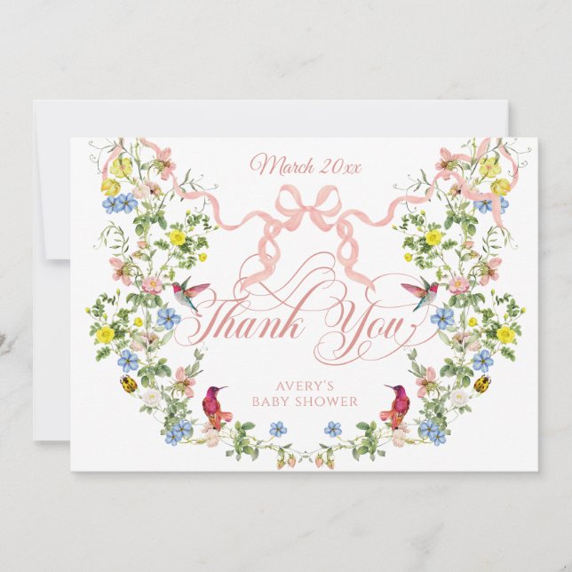 Baby i Bloom Rosa Bow Blommigt Girl Baby Shower Tack Kort (Framsida)