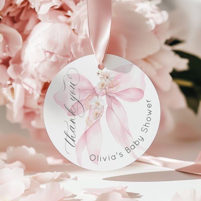 Baby i Bloom  rosa Bow Blommigt Tack Gåvor Etiketter (Skapare uppladdad)