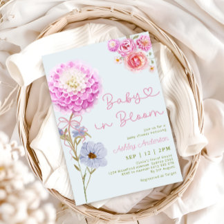 Baby i Bloom Rosa Bow Blue Baby Shower Inbjudningar
