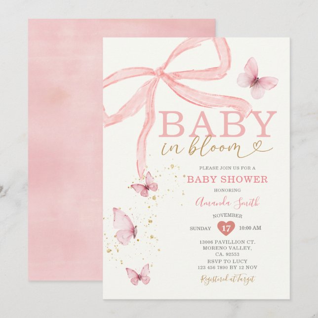 Baby i Bloom Rosa Bow Girl Baby Shower Inbjudningar (Fram/baksida)