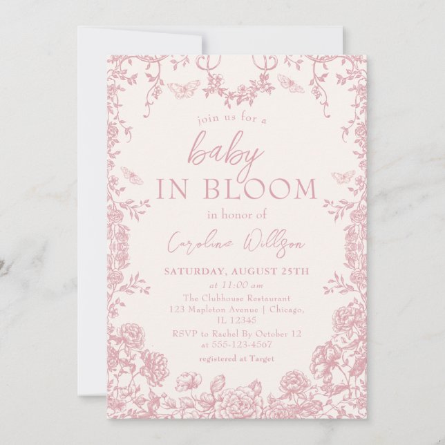 Baby i Bloom Rosa Chinoiserie Baby Shower Inbjudningar (Framsida)