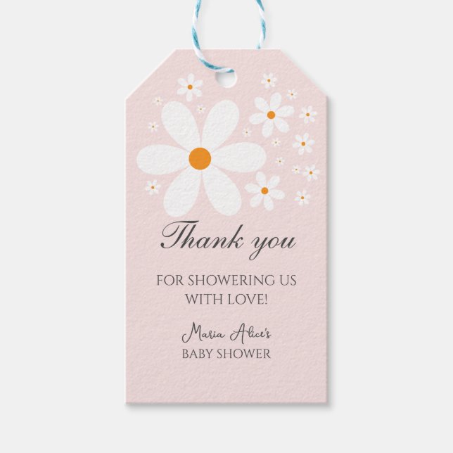 Baby i Bloom Rosa Daisy Baby Shower Presentetikett (Framsidan)