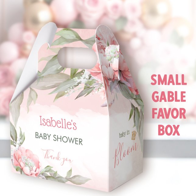 Baby i Bloom Rosa Girl Baby Shower Gable Presentaskar (Baby In Bloom Pink Small Favor Boxes - You can choose from 3 sizes of these gable favor Boxes)