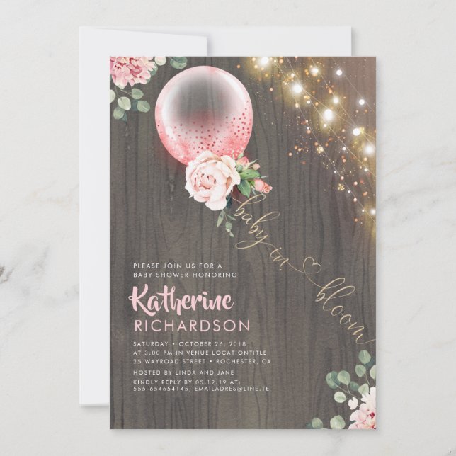 Baby i Bloom Rosa Guld Ballon Rustic Baby Shower Inbjudningar (Framsida)