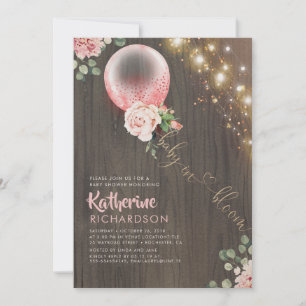 Baby i Bloom Rosa Guld Ballon Rustic Baby Shower Inbjudningar