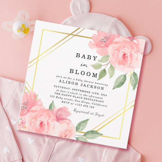 Baby i Bloom  Rosa Guld Blommigt Baby Shower Inbjudningar (Baby in Bloom Baby Shower Invitation)