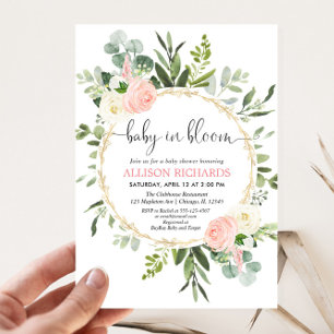 Baby i bloom rosa guld gienery girl babydusch inbjudningar
