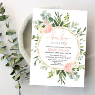 Baby i bloom rosa guld gienery girl babydusch inbjudningar