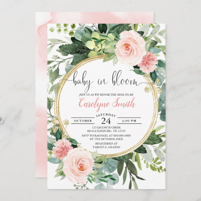 Baby i Bloom Rosa Guld Greenery Baby Shower Inbjudningar (Fram/baksida)