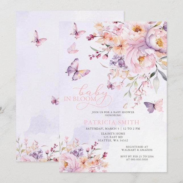 Baby i Bloom Rosa Lila Butterflies Baby Shower Inbjudningar (Fram/baksida)