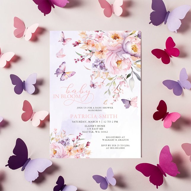 Baby i Bloom Rosa Lila Butterflies Baby Shower Inbjudningar (Baby in Bloom Pink Purple Butterflies Baby Shower Invitation)