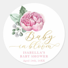 Baby i Bloom Rosa och Guld Blommigt Baby Shower Fa Runt Klistermärke