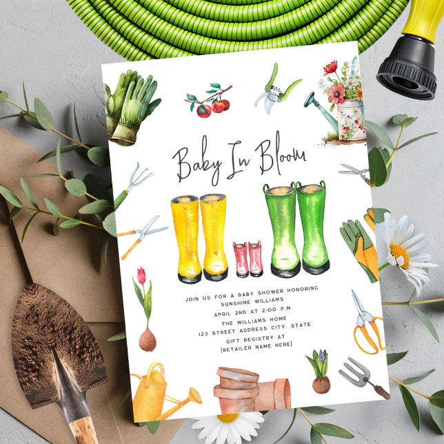 Baby i Bloom Rosa Rain Boots blommar  Inbjudningar (Skapare uppladdad)