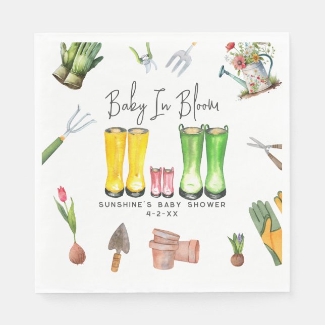 Baby i Bloom Rosa Rain Boots Garden Baby Shower Pappersservett (Framsidan)