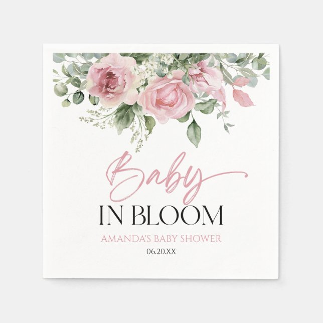 Baby i Bloom Rosa ros Blommigt Baby Shower Pappersservett (Framsidan)