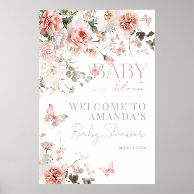 Baby i Bloom Rosa ros Blommigt  Girl Baby Shower Poster (Framsidan)
