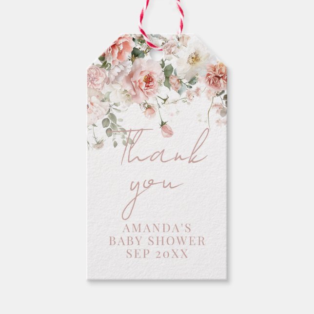 Baby i Bloom Rosa ros Blommigt  Girl Baby Shower Presentetikett (Framsidan)