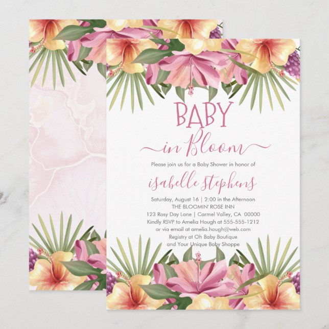 Baby i Bloom Rosa Tropical Blommigt Baby Shower In Inbjudningar (Fram/baksida)