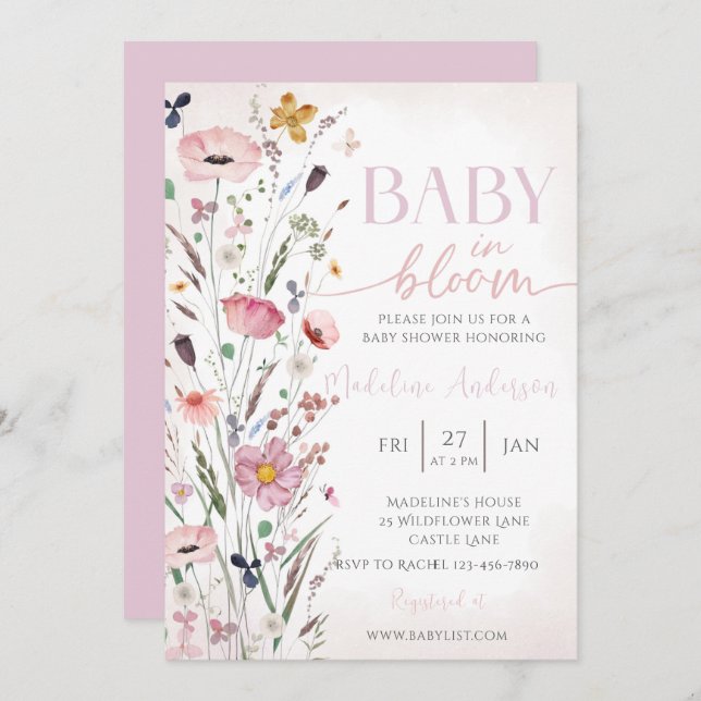 Baby i Bloom Rosa WildblomBaby Shower Inbjudningar (Fram/baksida)