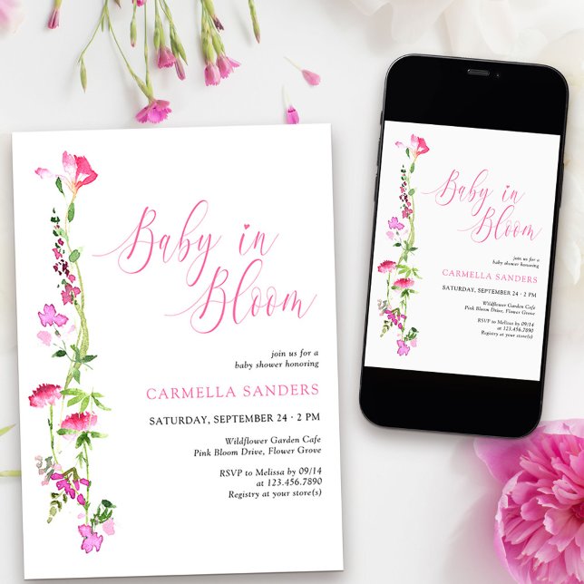 Baby i Bloom Rosa WildblomBaby Shower Inbjudningar (Baby in Bloom Baby Shower Invitation from my Pink Wildflower Collection
)