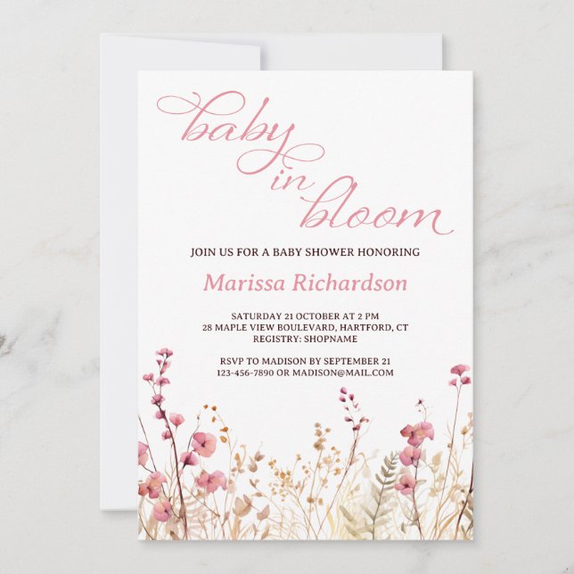 Baby i Bloom Rosa WildblomGirl Baby Shower Inbjudningar (Framsida)