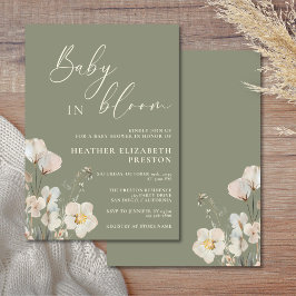 Baby i Bloom Sage Grönt Wildblomma Baby Shower Inbjudningar