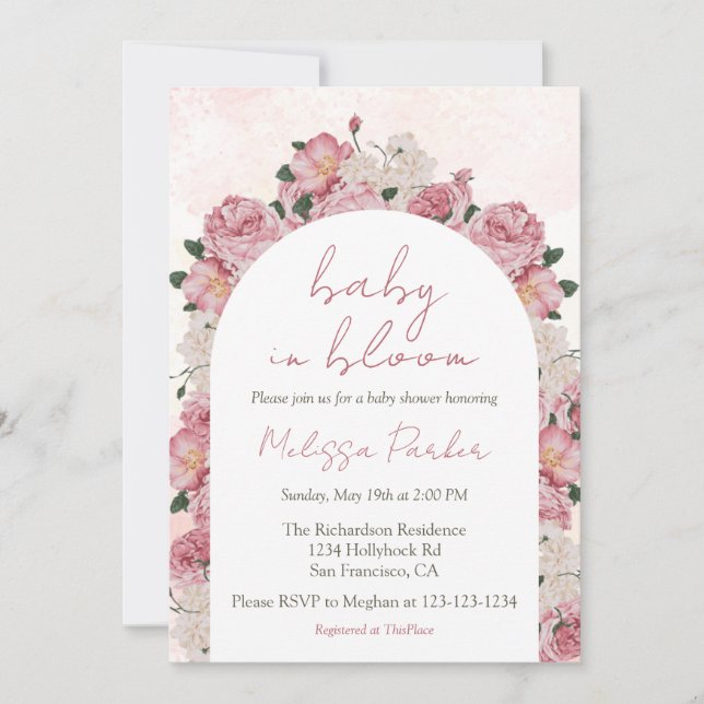 Baby i Bloom Script Rosa Blommigt Baby Shower Inbjudningar (Framsida)