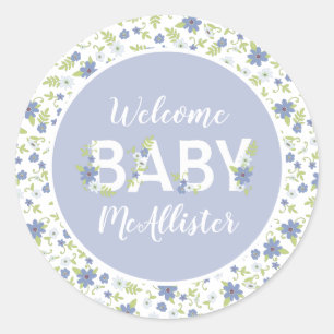 Baby i Bloom Shower Blue Vintage Flowers Boy Runt Klistermärke