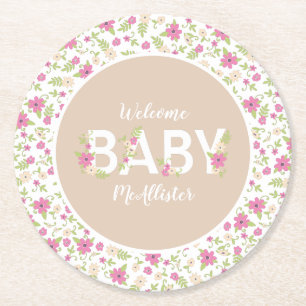 Baby i Bloom Shower Rosa Vintage Flowers Girl Girl Underlägg Papper Rund