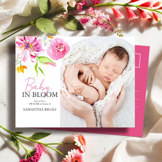 Baby i Bloom Sip och se inbjudan (Sip and see baby shower invitations postcard watercolor floral art by Victoria Grigaliunas photo)