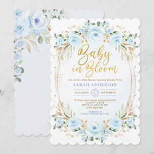 Baby i Bloom Soft Blue Guld Blommigt Boy Shower Inbjudningar