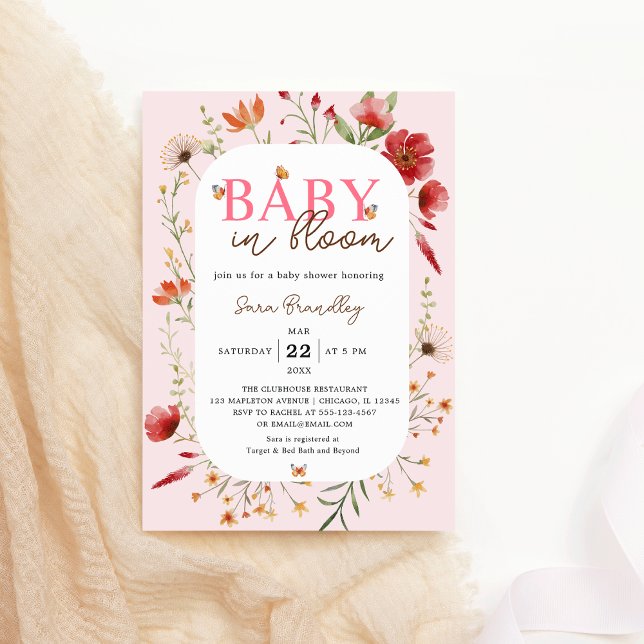 Baby i Bloom Soft-Rosa Wildblomma Baby Shower Inbjudningar (Baby in Bloom Soft Pink Boho  Wildflowers Butterfly Baby Shower Invitation
)