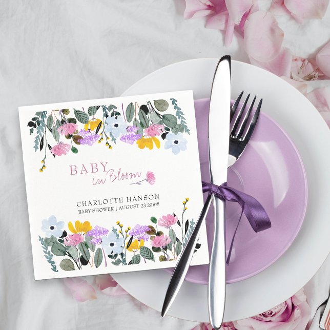 Baby i Bloom Söt Wildblomme Gräsmatta Pappersservett (Baby in Bloom baby shower napkins from my Wildflower Lawn Collection.)