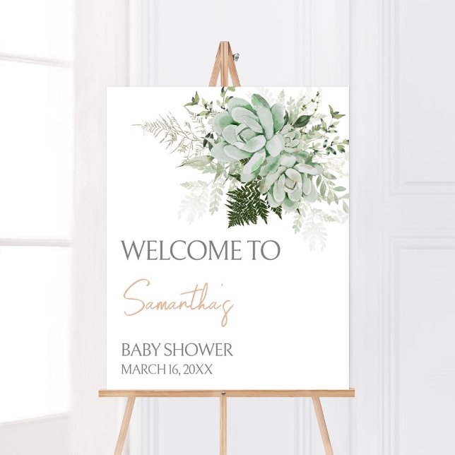 Baby i Bloom Succulous Baby Shower Välkommen Poster (Succulents Gender Neutral Baby Shower Welcome Sign)