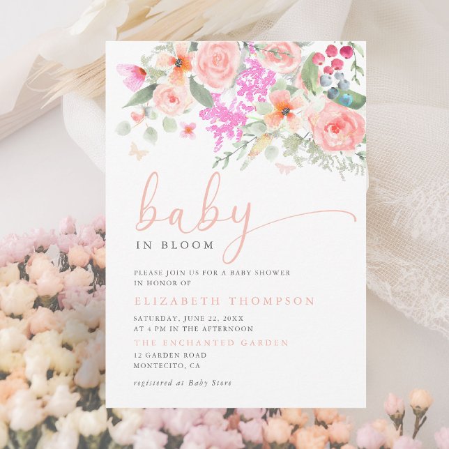 Baby i Bloom Sunny Garden Blommigt Girl Baby Showe Inbjudningar (baby in bloom invitation colorful floral elegant modern calligraphy sunny garden party backyard)