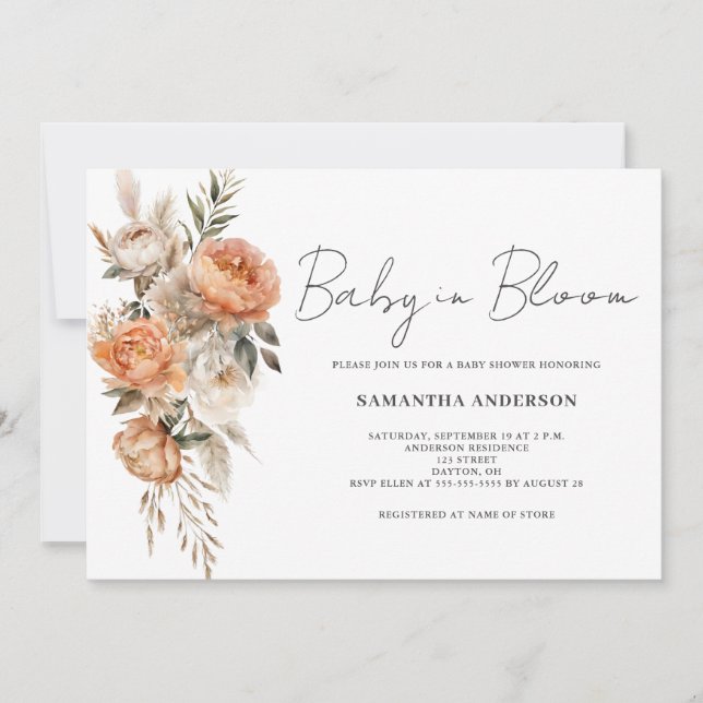 Baby i Bloom Terracotta Boho Blommigt Baby Shower Inbjudningar (Framsida)