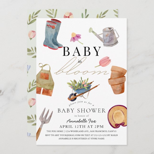 Baby i Bloom  Verktyg Baby Shower Invati Inbjudningar (Fram/baksida)