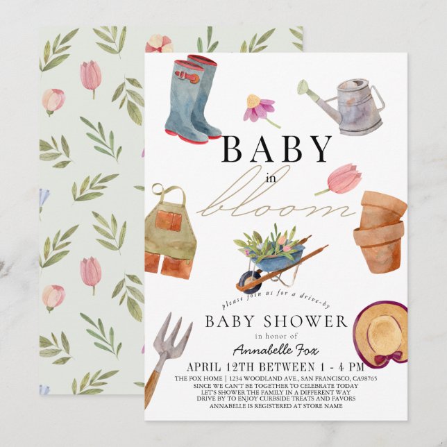 Baby i Bloom  Verktyg Drive by Baby Shower Inbjudningar (Fram/baksida)